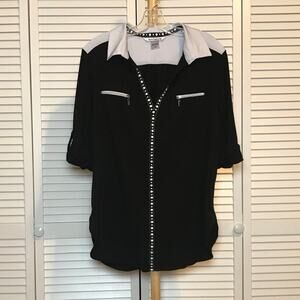 Nygard Embroidered Collared V-Neck 3/4 Sleeve Blouse L